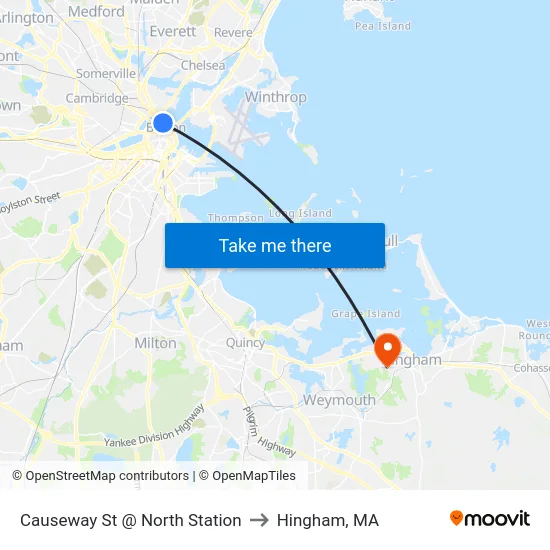 Causeway St @ North Station to Hingham, MA map