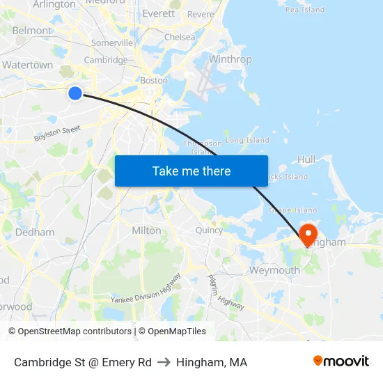 Cambridge St @ Emery Rd to Hingham, MA map