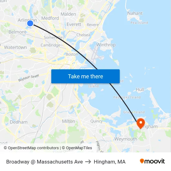 Broadway @ Massachusetts Ave to Hingham, MA map