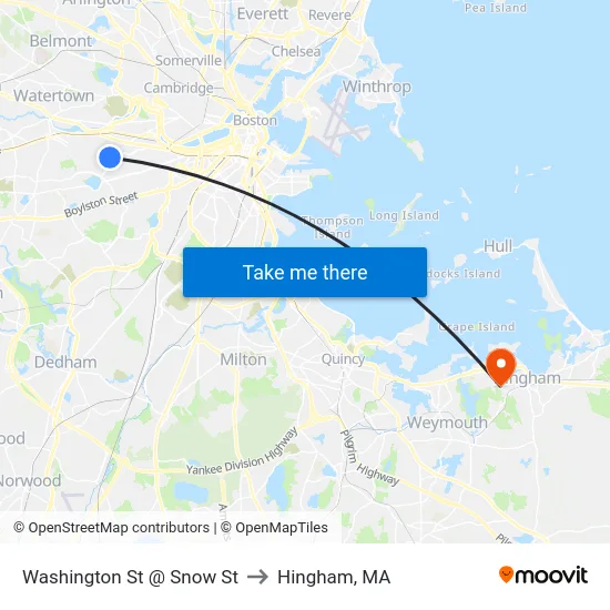 Washington St @ Snow St to Hingham, MA map