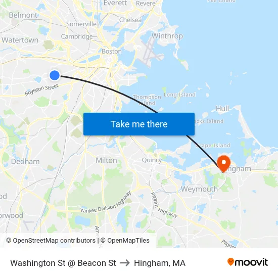 Washington St @ Beacon St to Hingham, MA map