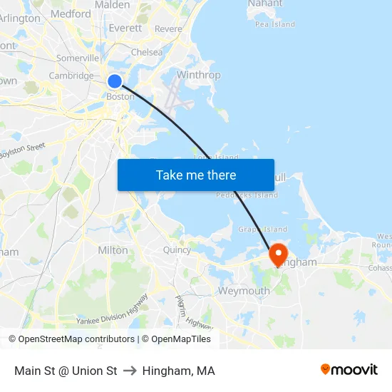 Main St @ Union St to Hingham, MA map