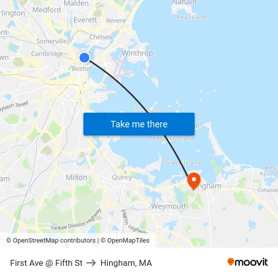 First Ave @ Fifth St to Hingham, MA map