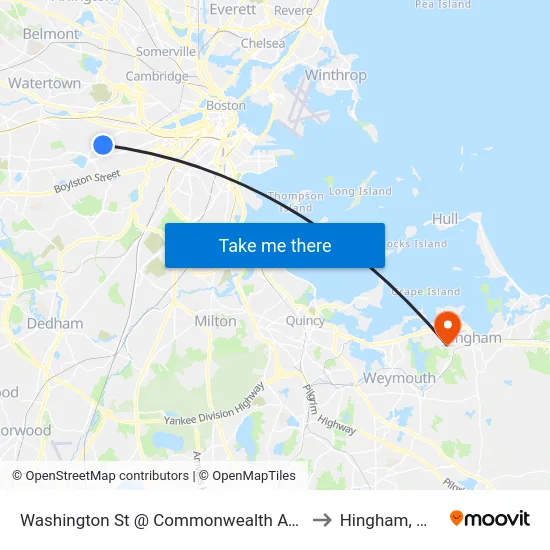Washington St @ Commonwealth Ave to Hingham, MA map