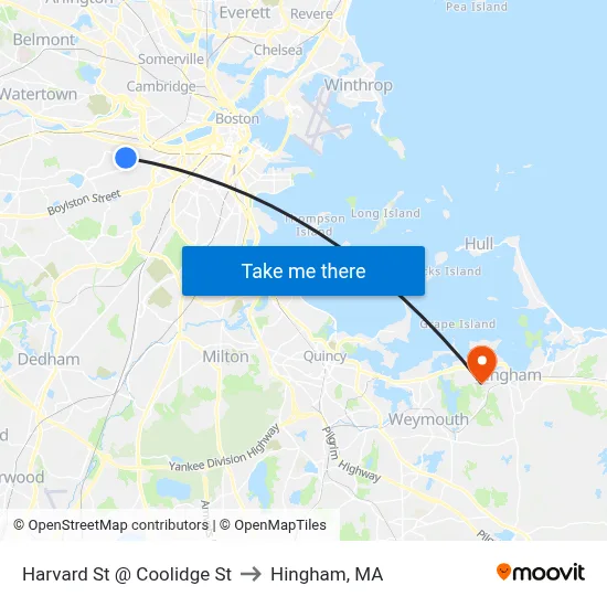 Harvard St @ Coolidge St to Hingham, MA map