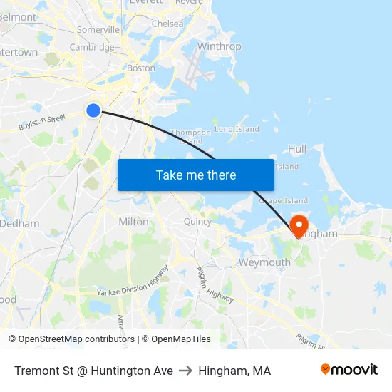 Tremont St @ Huntington Ave to Hingham, MA map