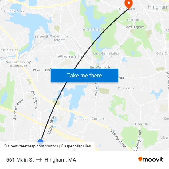 561 Main St to Hingham, MA map