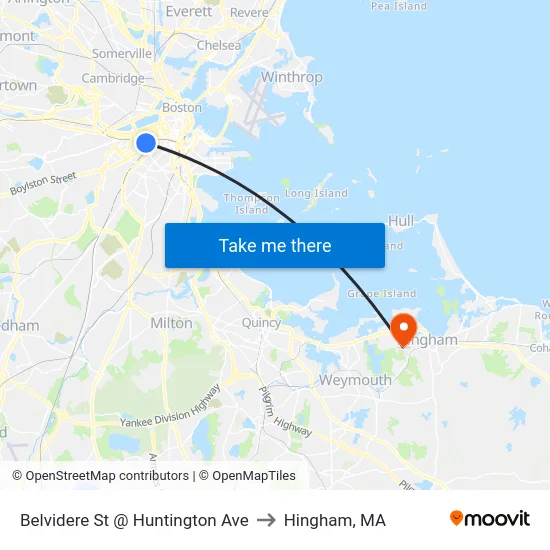 Belvidere St @ Huntington Ave to Hingham, MA map