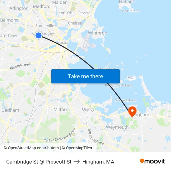 Cambridge St @ Prescott St to Hingham, MA map