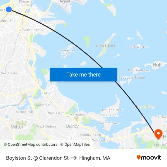 Boylston St @ Clarendon St to Hingham, MA map