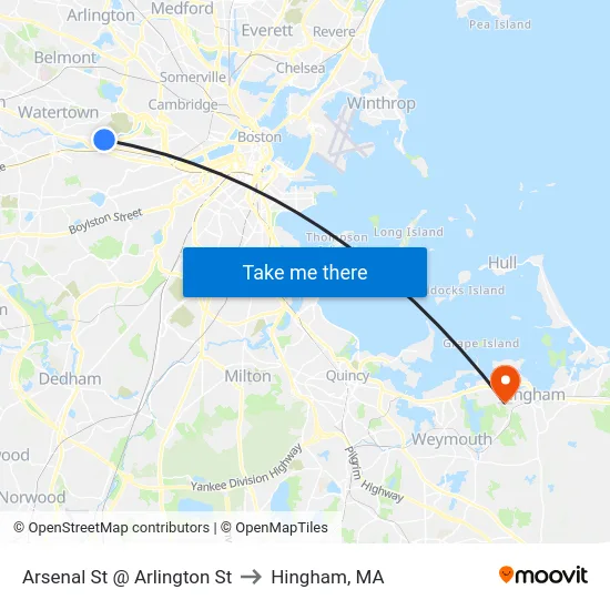 Arsenal St @ Arlington St to Hingham, MA map