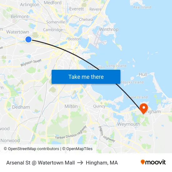 Arsenal St @ Watertown Mall to Hingham, MA map