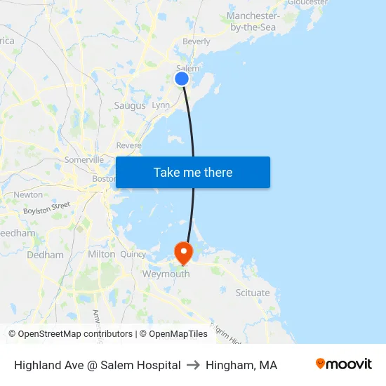 Highland Ave @ Salem Hospital to Hingham, MA map