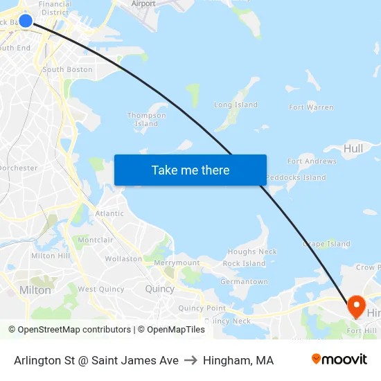 Arlington St @ Saint James Ave to Hingham, MA map