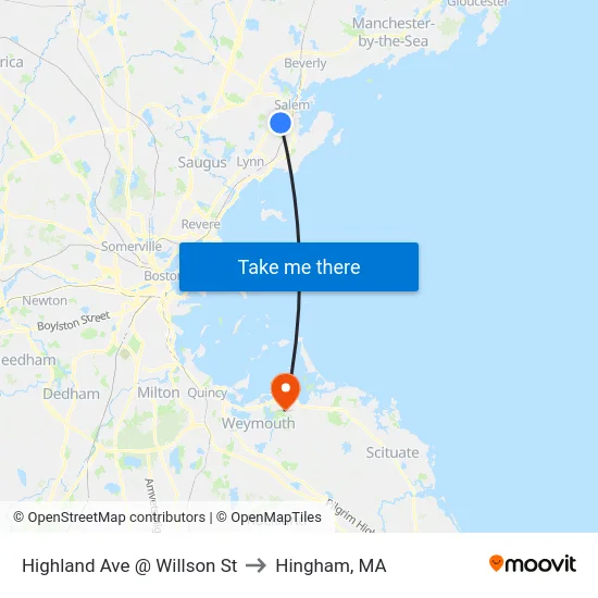 Highland Ave @ Willson St to Hingham, MA map