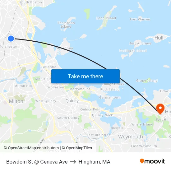 Bowdoin St @ Geneva Ave to Hingham, MA map