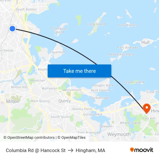 Columbia Rd @ Hancock St to Hingham, MA map