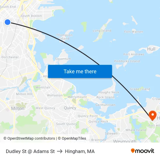 Dudley St @ Adams St to Hingham, MA map