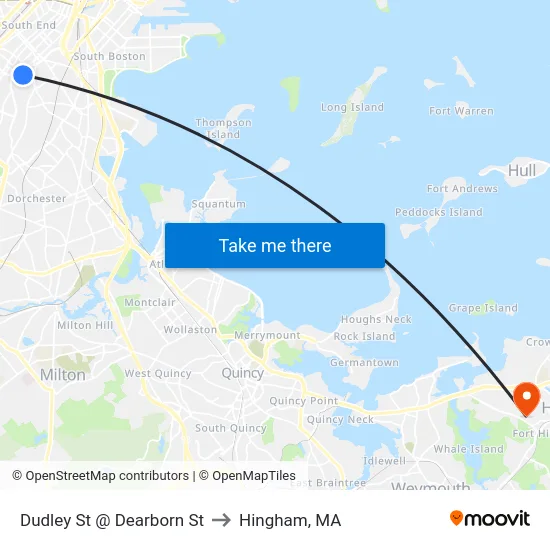 Dudley St @ Dearborn St to Hingham, MA map