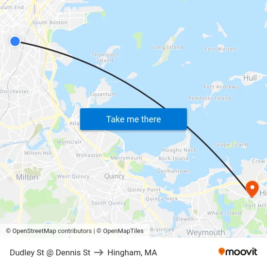 Dudley St @ Dennis St to Hingham, MA map
