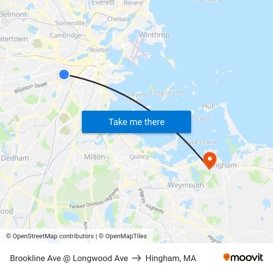 Brookline Ave @ Longwood Ave to Hingham, MA map