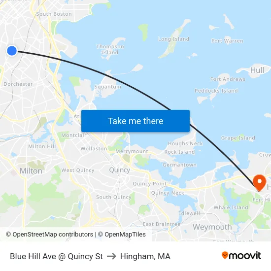Blue Hill Ave @ Quincy St to Hingham, MA map