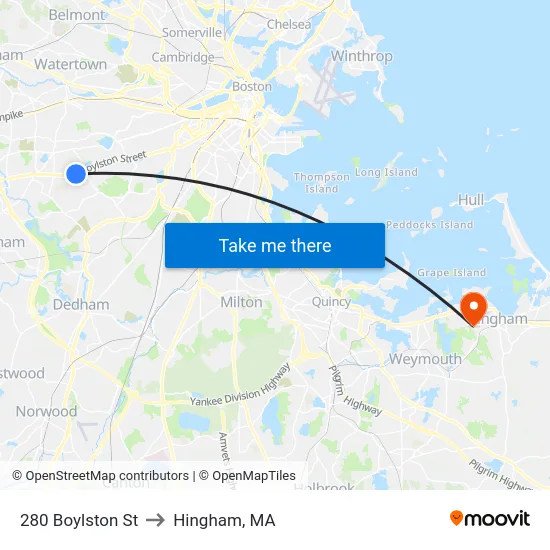 280 Boylston St to Hingham, MA map