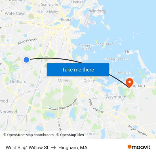 Weld St @ Willow St to Hingham, MA map