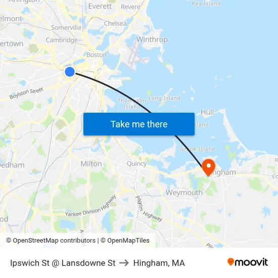 Ipswich St @ Lansdowne St to Hingham, MA map