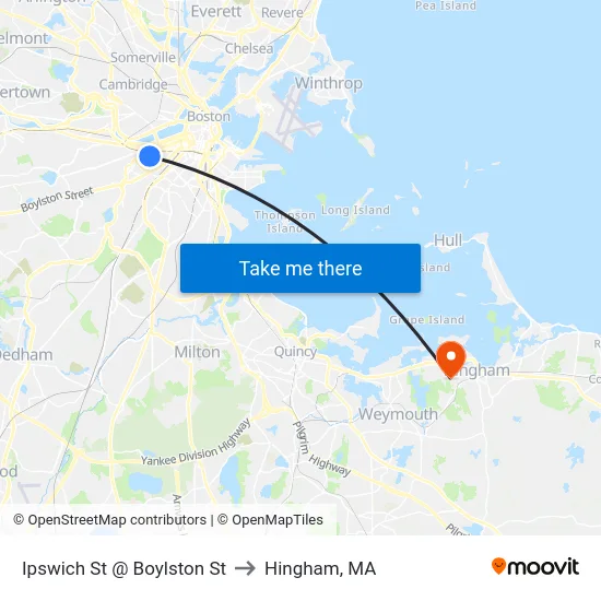 Ipswich St @ Boylston St to Hingham, MA map