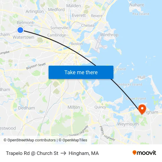 Trapelo Rd @ Church St to Hingham, MA map