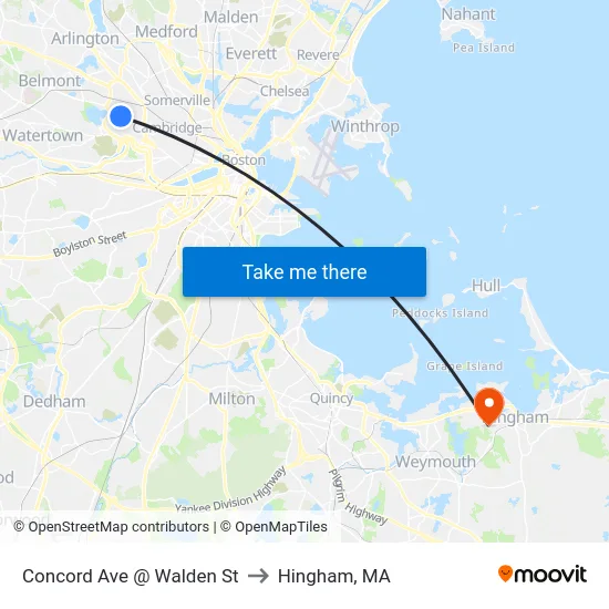 Concord Ave @ Walden St to Hingham, MA map