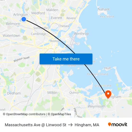 Massachusetts Ave @ Linwood St to Hingham, MA map