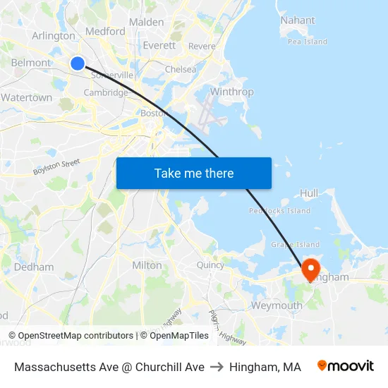 Massachusetts Ave @ Churchill Ave to Hingham, MA map