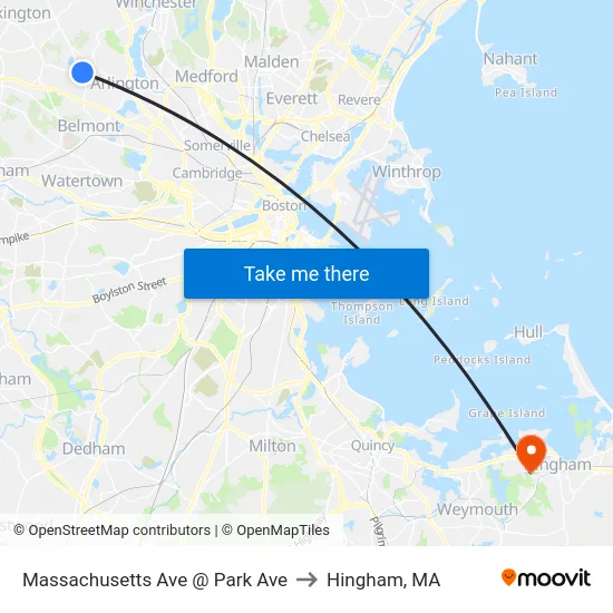 Massachusetts Ave @ Park Ave to Hingham, MA map