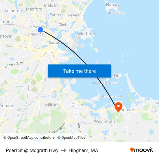Pearl St @ Mcgrath Hwy to Hingham, MA map