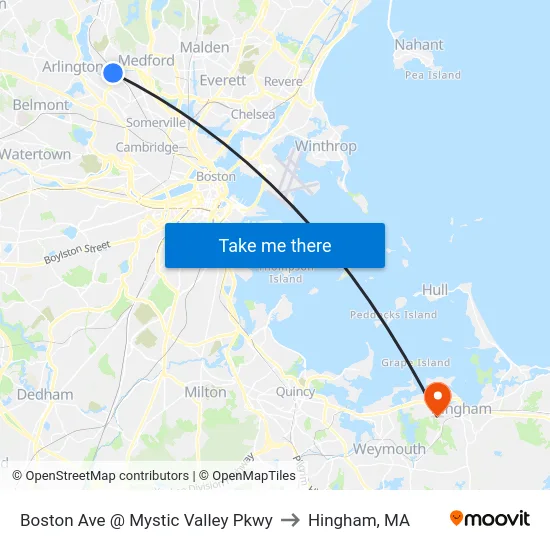 Boston Ave @ Mystic Valley Pkwy to Hingham, MA map