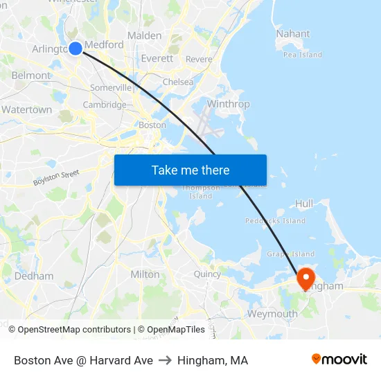 Boston Ave @ Harvard Ave to Hingham, MA map
