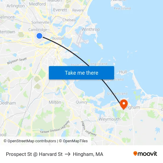 Prospect St @ Harvard St to Hingham, MA map