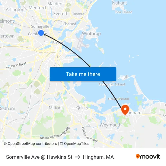 Somerville Ave @ Hawkins St to Hingham, MA map