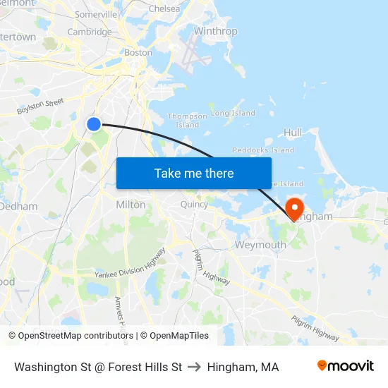 Washington St @ Forest Hills St to Hingham, MA map