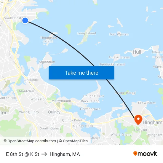 E 8th St @ K St to Hingham, MA map
