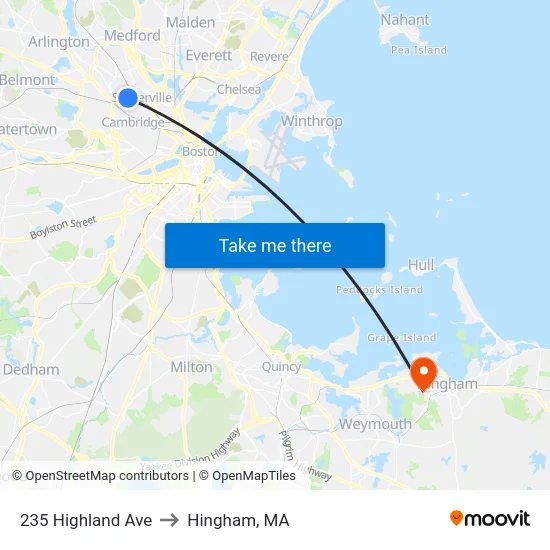 235 Highland Ave to Hingham, MA map