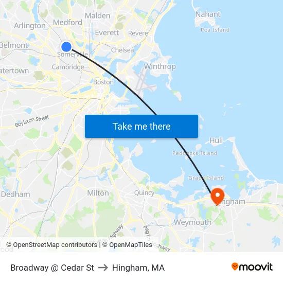 Broadway @ Cedar St to Hingham, MA map
