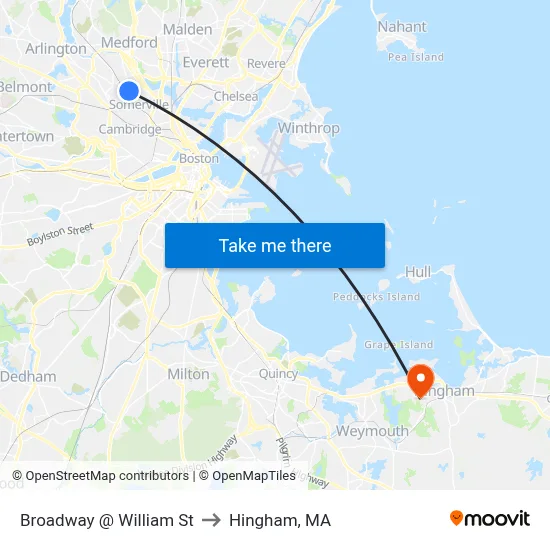 Broadway @ William St to Hingham, MA map
