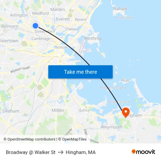Broadway @ Walker St to Hingham, MA map
