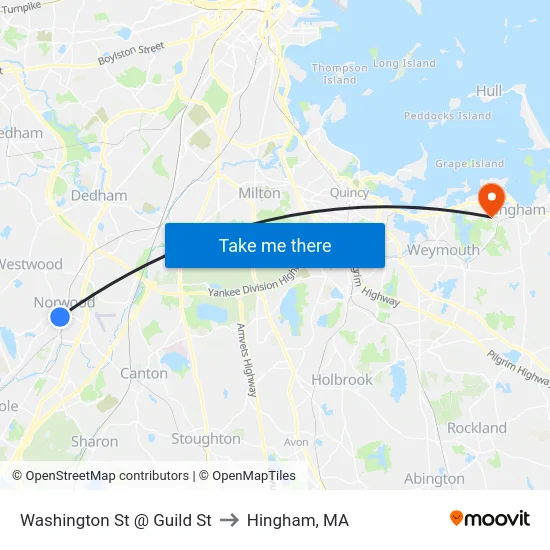 Washington St @ Guild St to Hingham, MA map