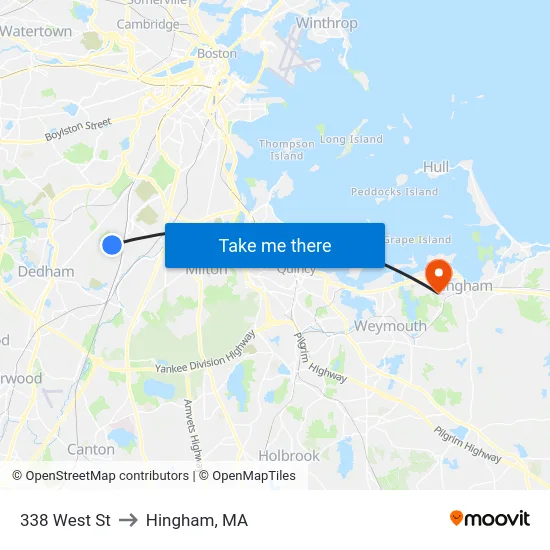 338 West St to Hingham, MA map
