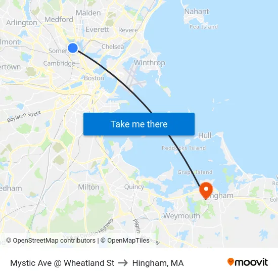 Mystic Ave @ Wheatland St to Hingham, MA map