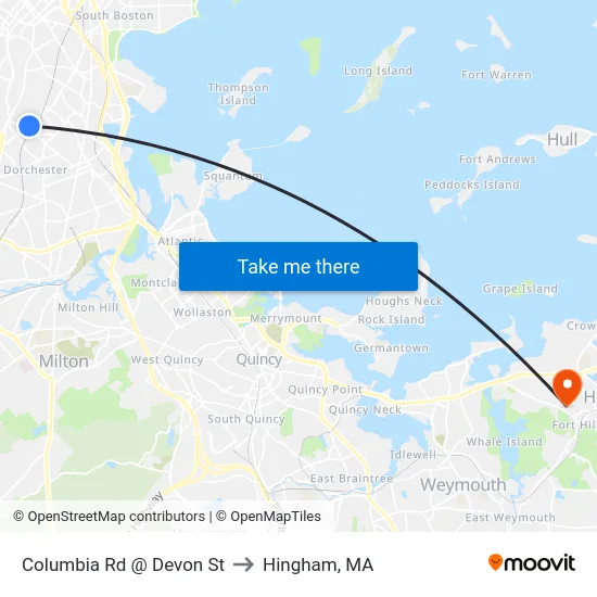 Columbia Rd @ Devon St to Hingham, MA map